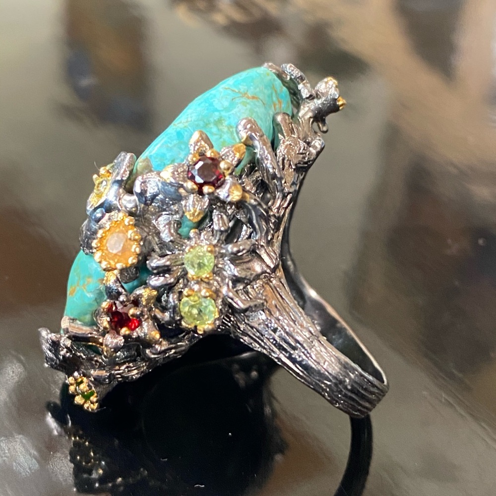 Gorgeous Genuine Turquoise Ring with Gemstones - Picture 5 of 17